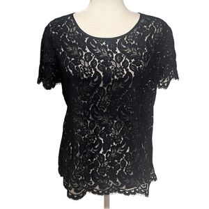 Talbots Floral Lace Short Sleeve Sheer Top Black